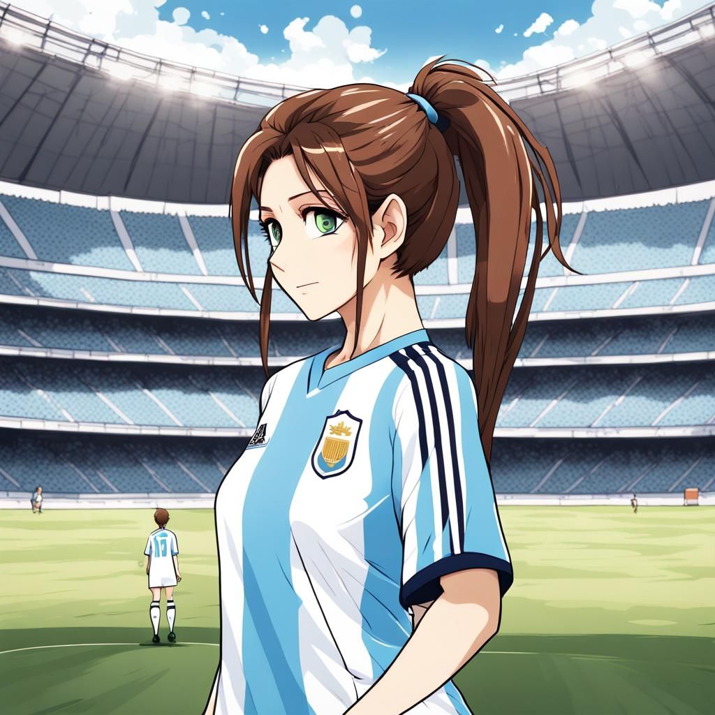 Anime Girl in Messi Jersey with Stadium Background