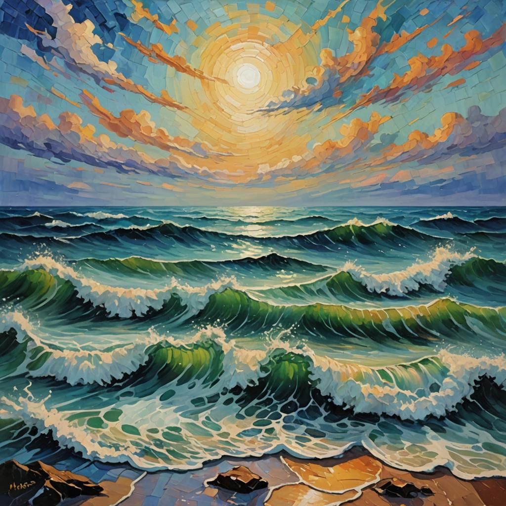 Colorful Waves in Expressionist Impasto Oil Painting