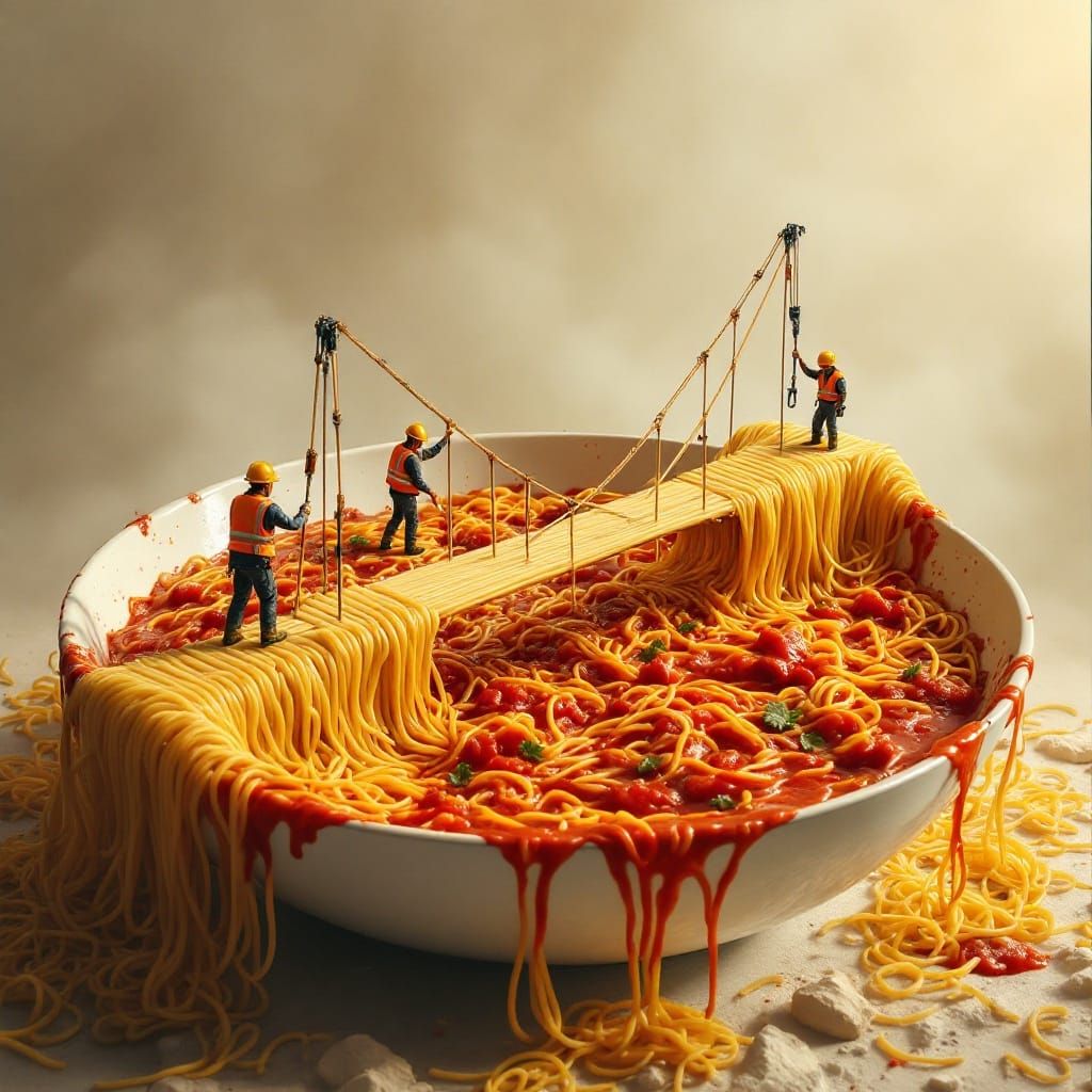 Surreal Construction Workers Build Spaghetti Bridge
