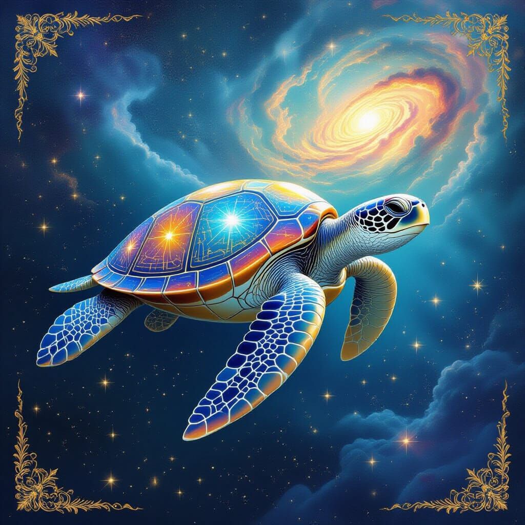 Celestial Turtle Glides Through Cosmic Ocean, Fantasy Style