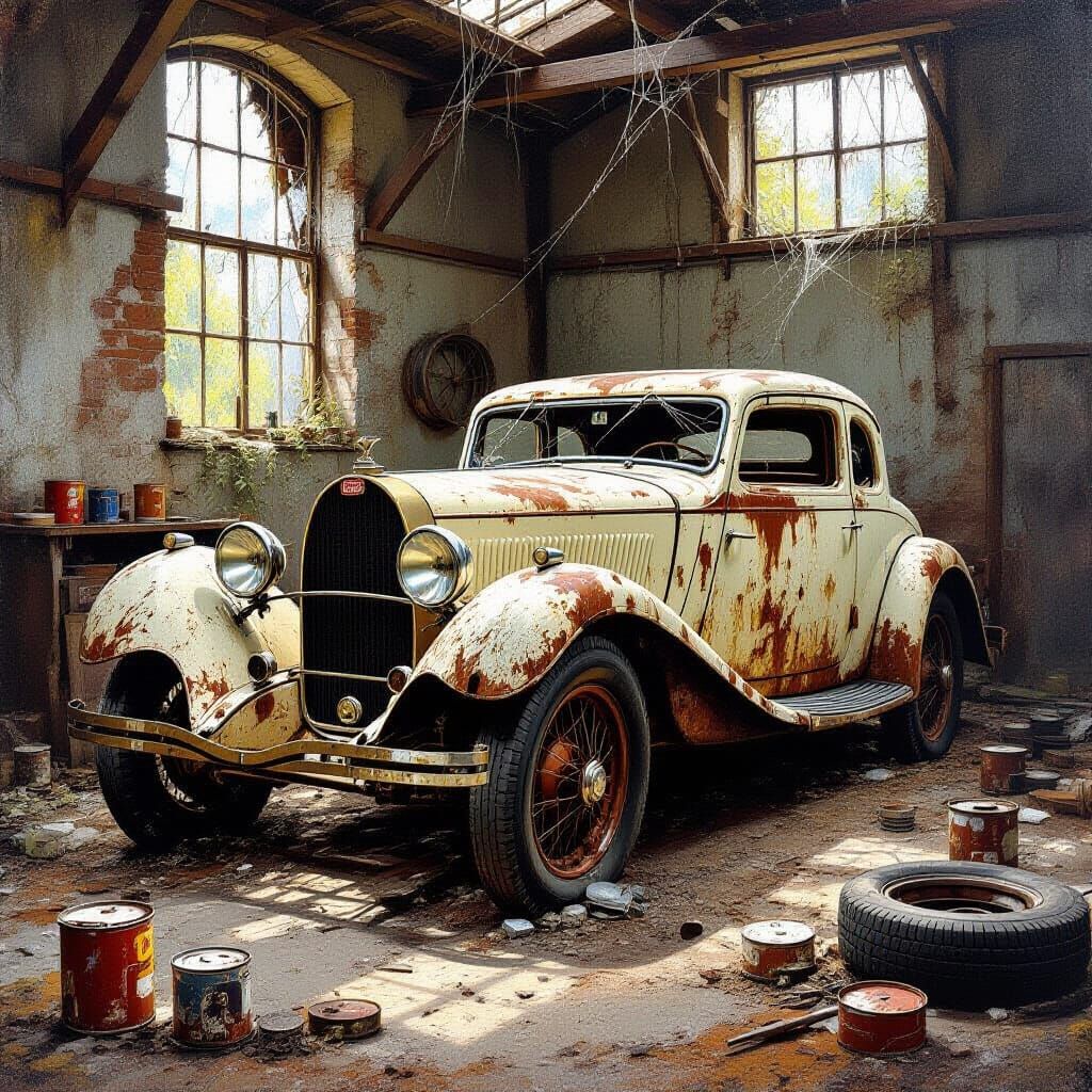 Abandoned 1928 Bugatti in Dusty Workshop Oil Painting