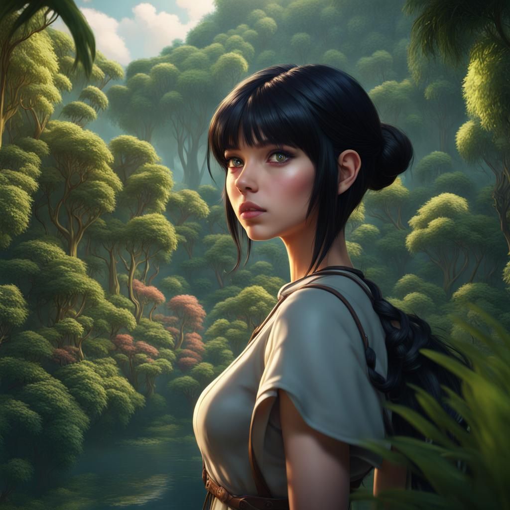 Anime Girl Gazing at Wildlife in Detailed Matte Painting