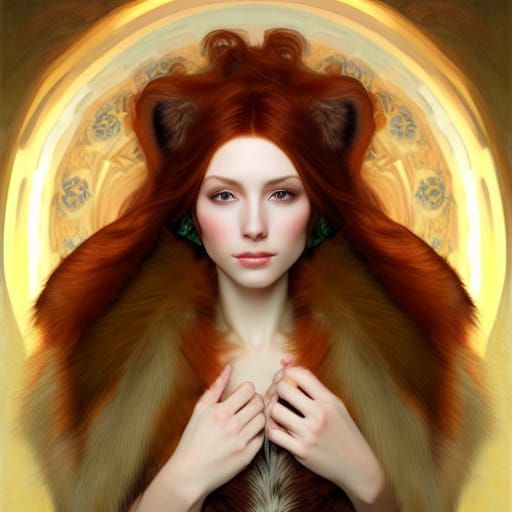 Fox Cloak Woman Portrait in Art Nouveau Style