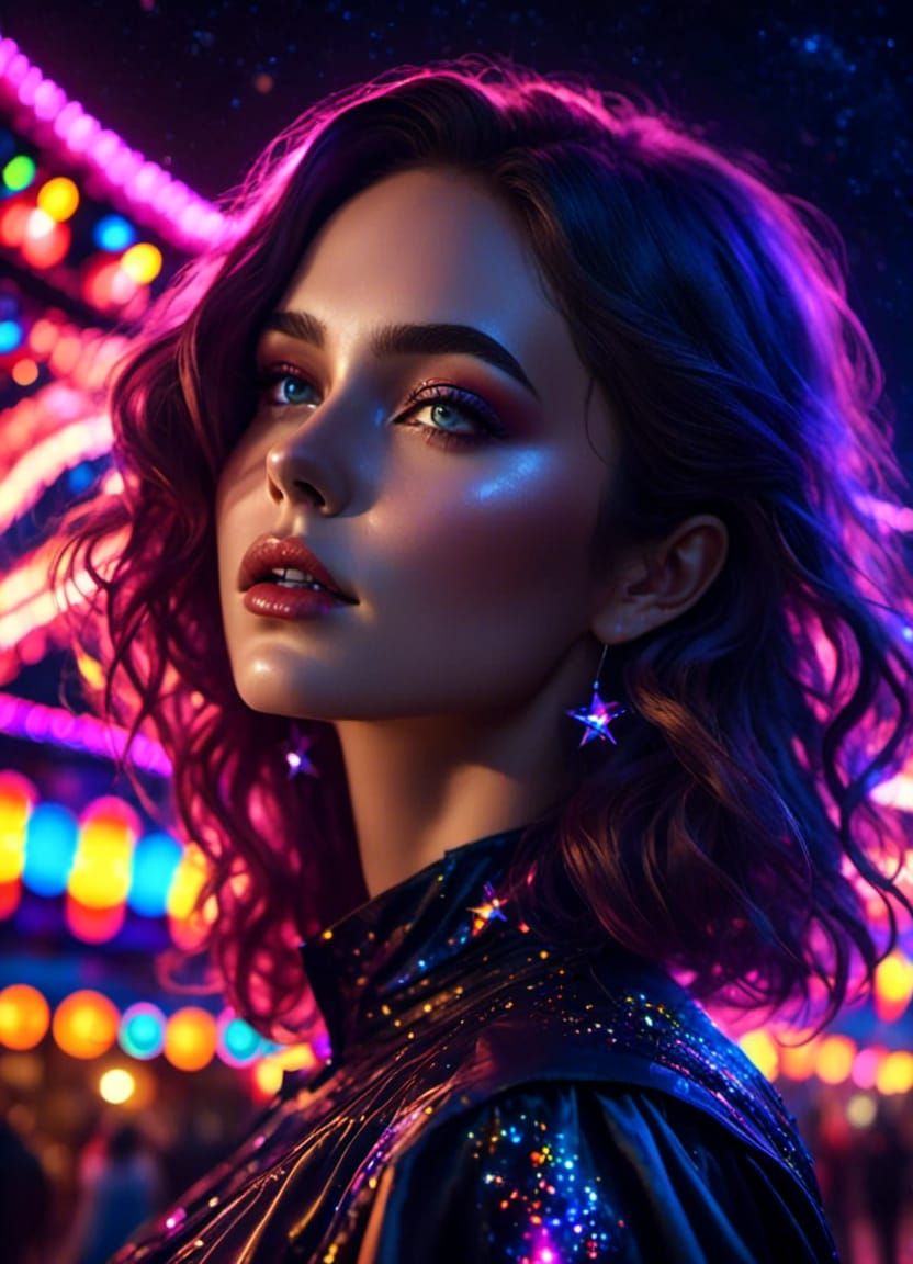 Woman at Night Carnival in 3D Animation Style