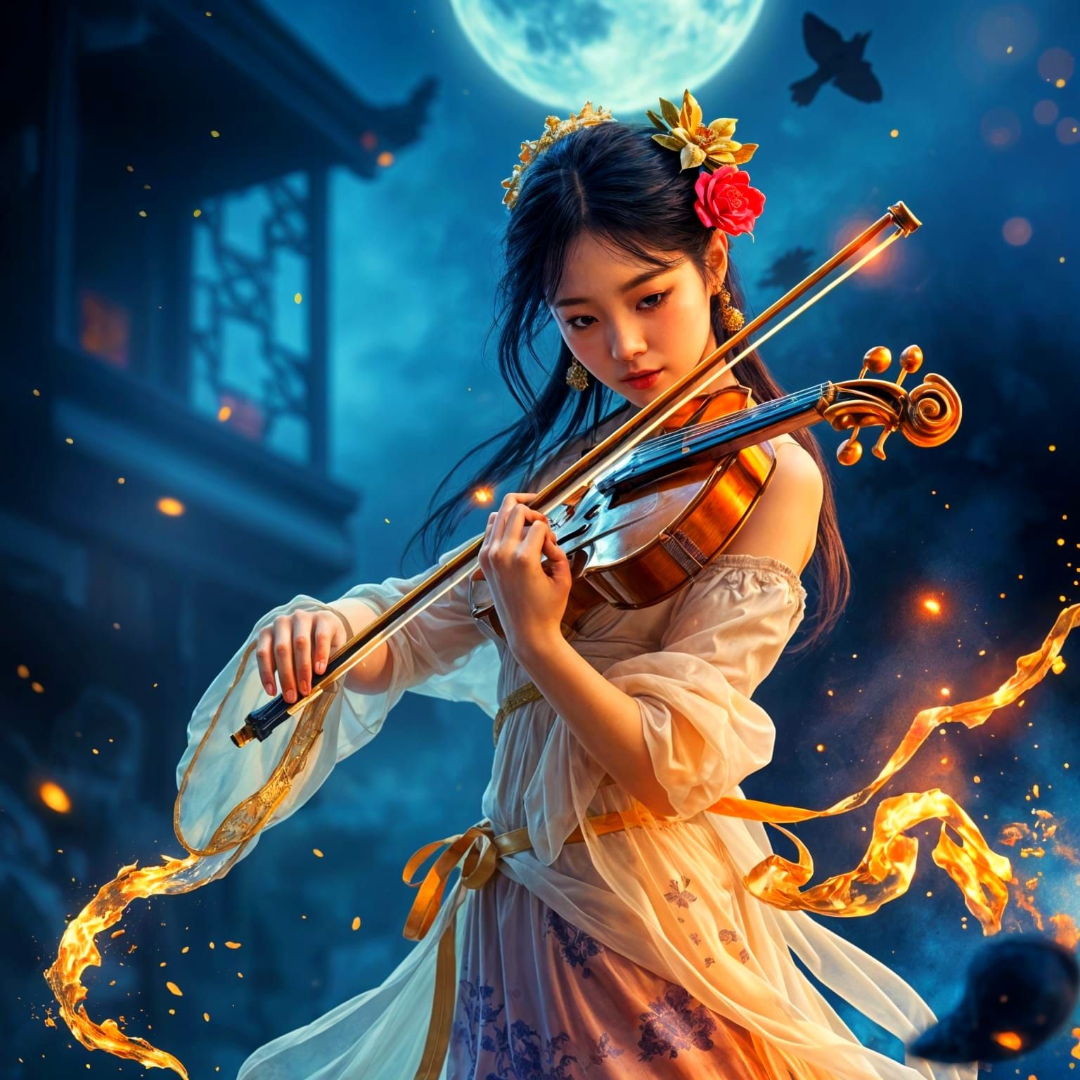 Surreal Young East Asian Dancer Plays Golden Violin in Midni...