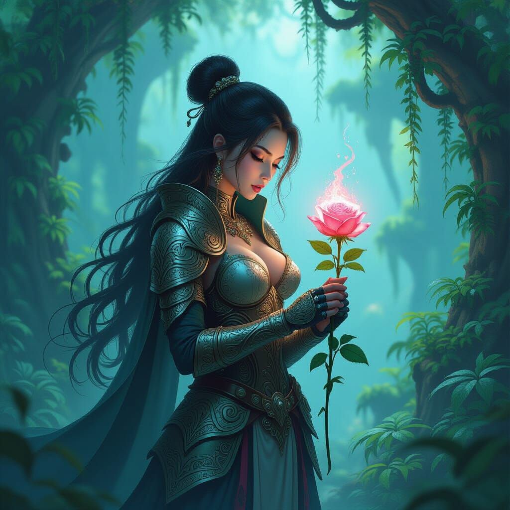 Warrior Woman with Glowing Rose in Ethereal Forest