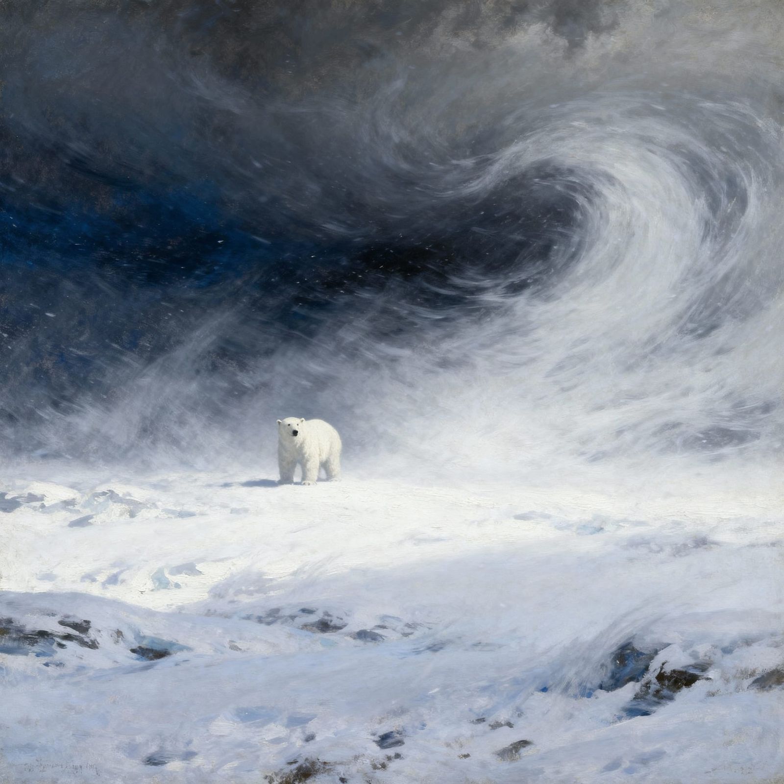 Lone Polar Bear in Fierce Snowstorm