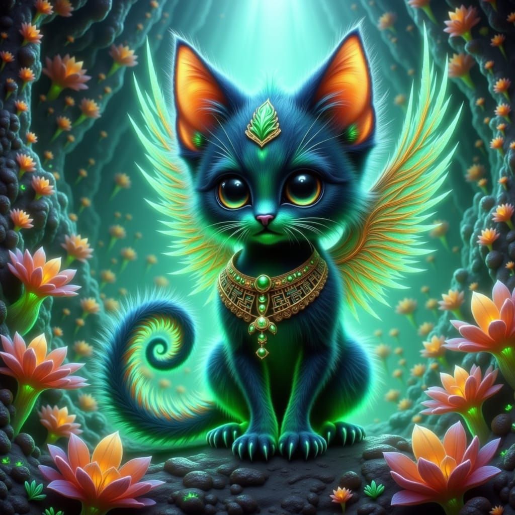 Majestic Bastet Cat with Iridescent Fur and Egyptian Hierogl...