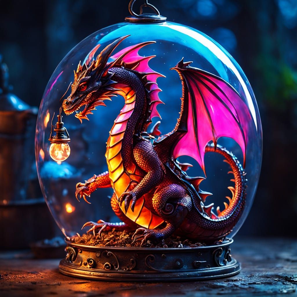 Miniature Baby Dragon Trapped in Steampunk Glass Cage with F...