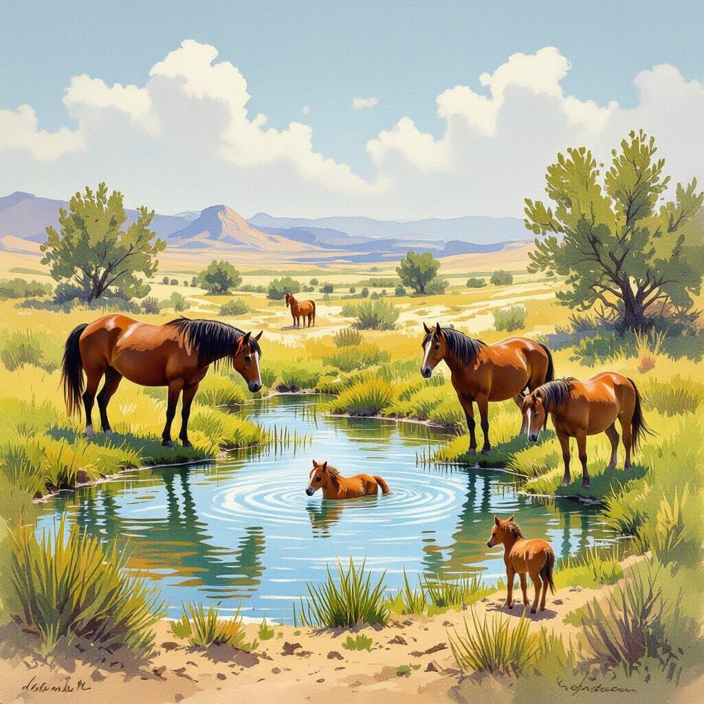 Horses Discover Oasis: Whimsical Art Style