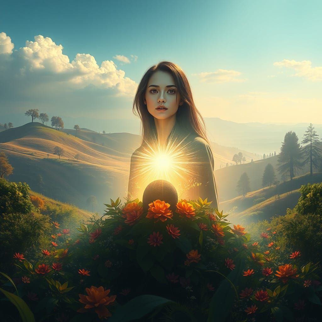 Serene Woman in Dreamlike Landscape with Vibrant Foliage