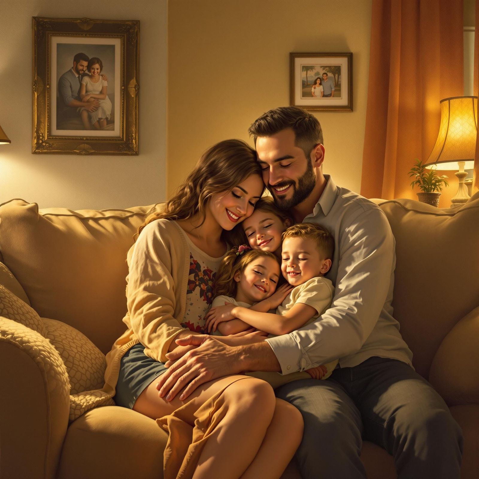 Warm Family Embrace in Cozy Living Room