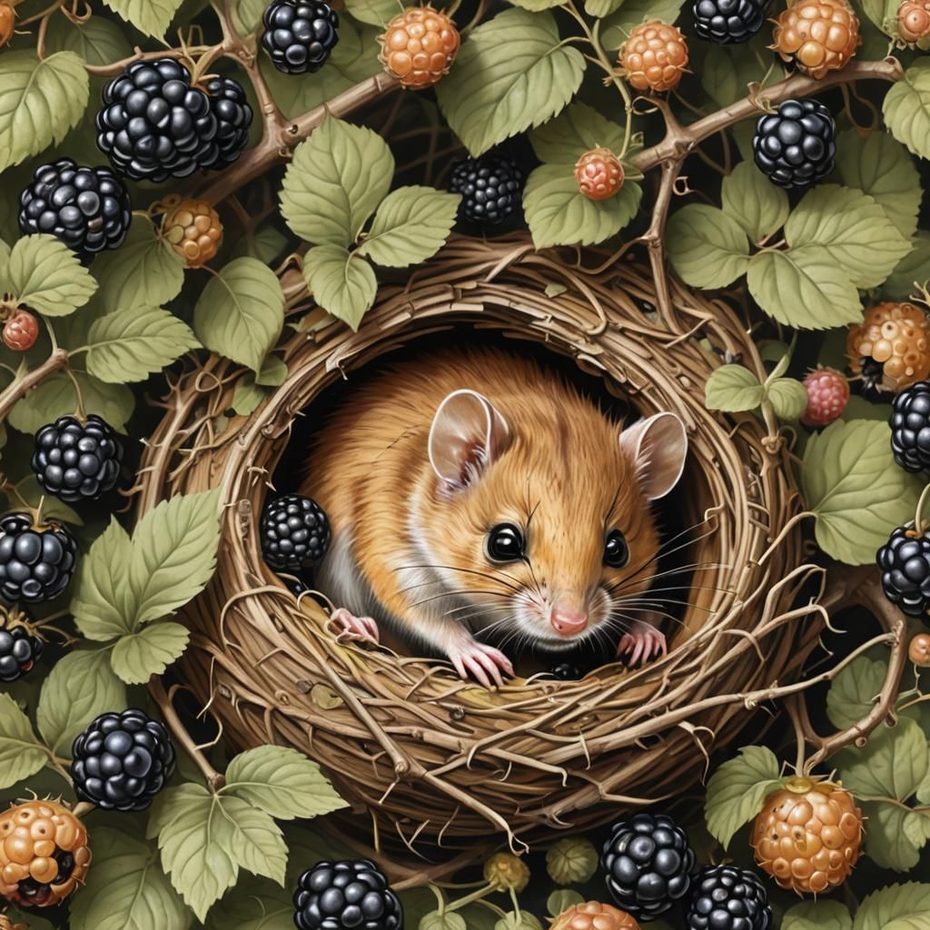 Dormouse Snuggles in Blackberry Nest