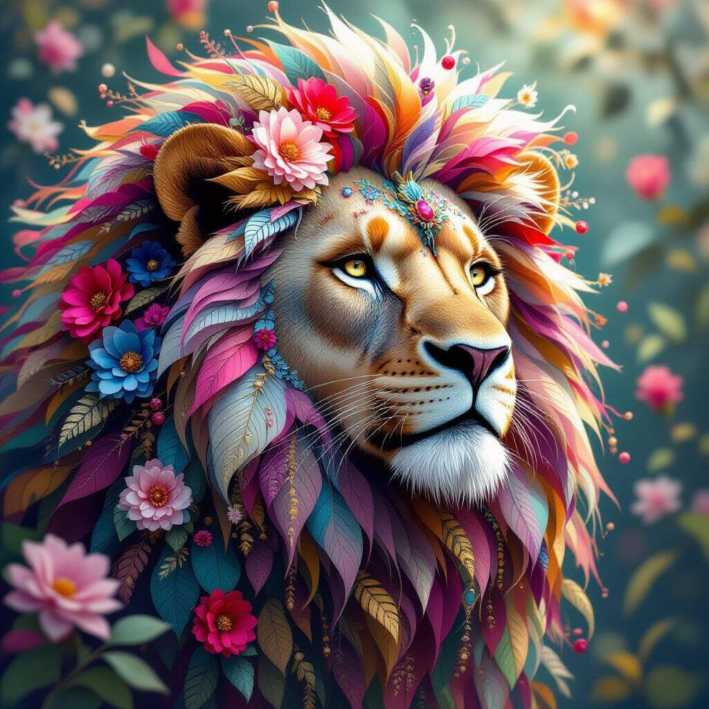 Floral Lion with Iridescent Details