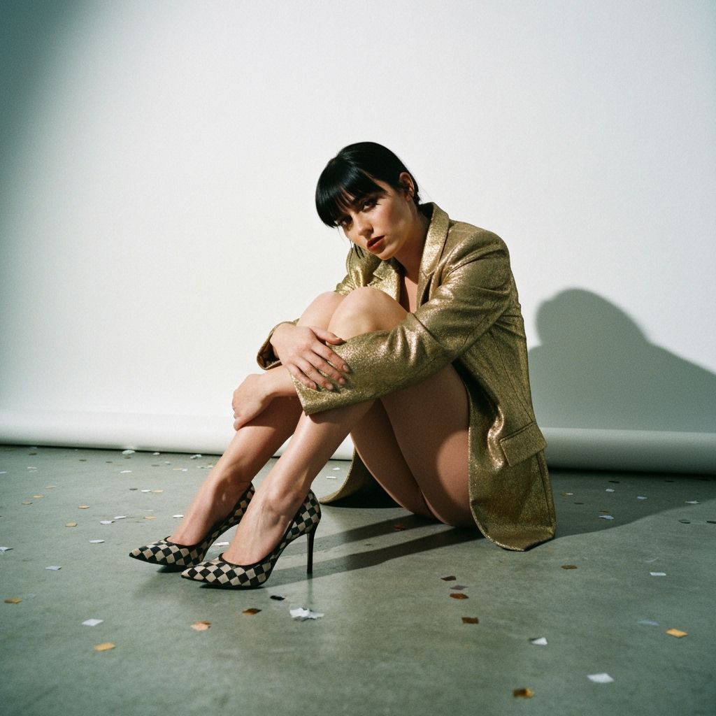 Melancholic Glamour: Woman in Gold Blazer Amidst Confetti