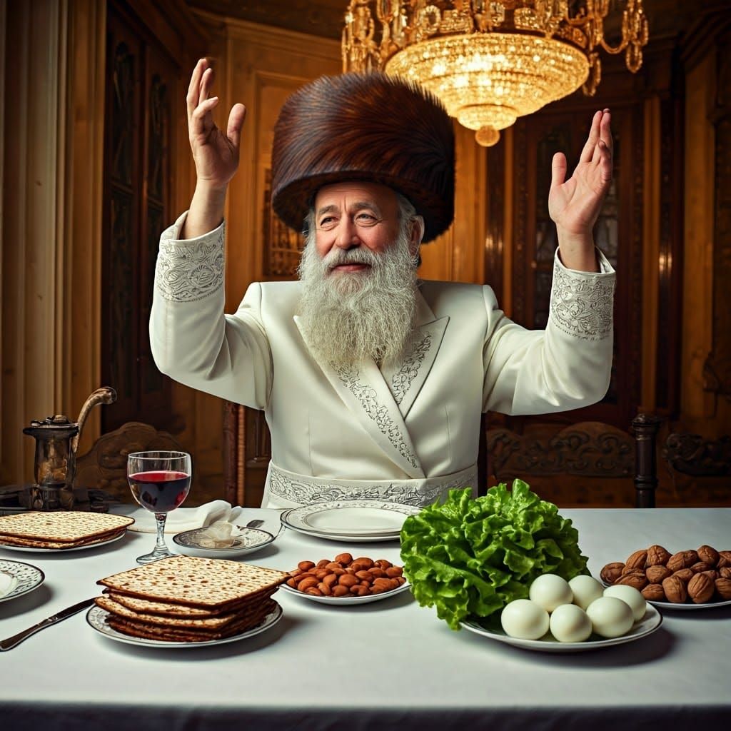 Regal Hasidic Rabbi in White Suit Raises Hands in Joyful Cel...