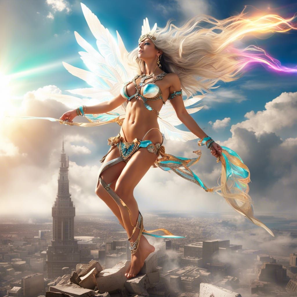 Goddess of Wind Over Destroyed City in Sci-Fi Style
