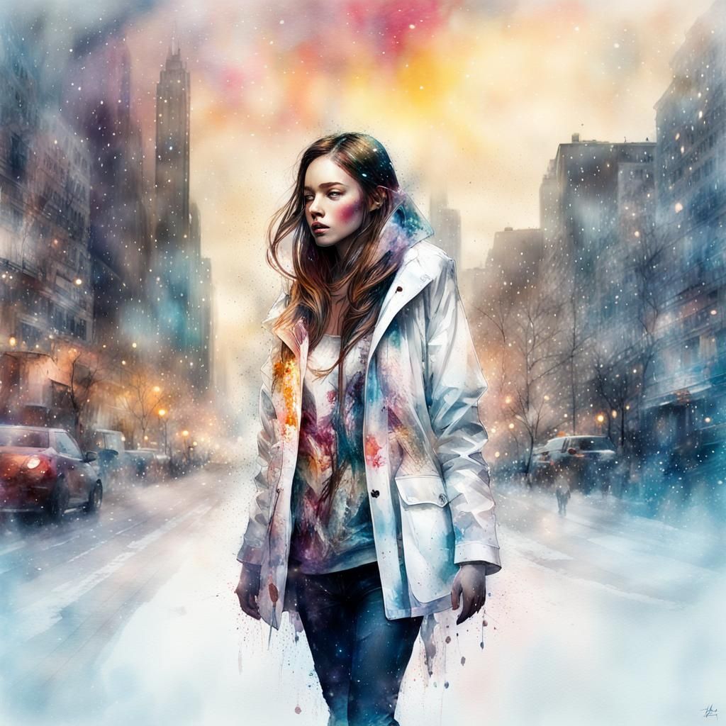 Cosmic Night City in Watercolor Style