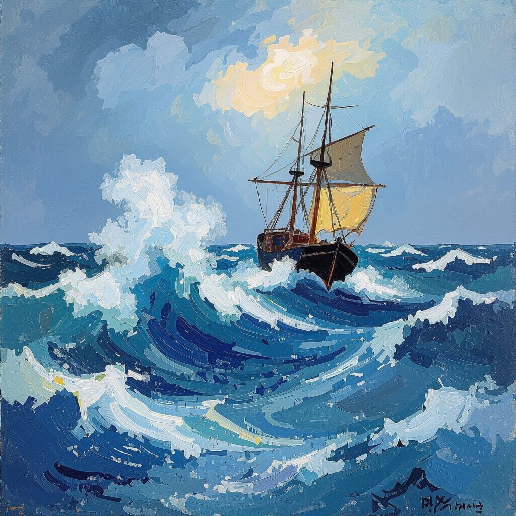 Stormy Sea Ship: Fauvist Painting in Blue Palette