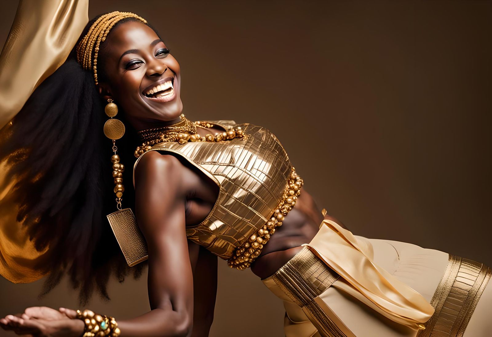 Radiant African Woman Stretching in Golden Wear
