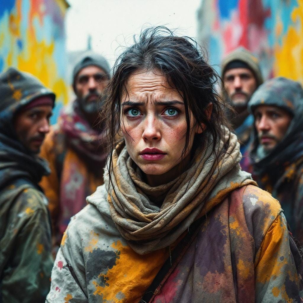 Frightened Homeless Woman in an Impressionist Style