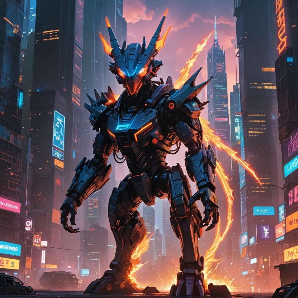 Digimon in Cyberpunk Cityscape with Fire Spray