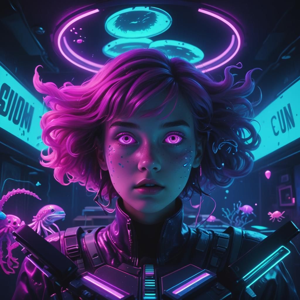 Synthwave Bioluminescent Sea Creatures in Submerged Basement