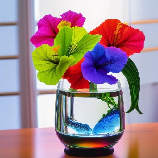Rainbow Hibiscus and Betta Fish in Vase