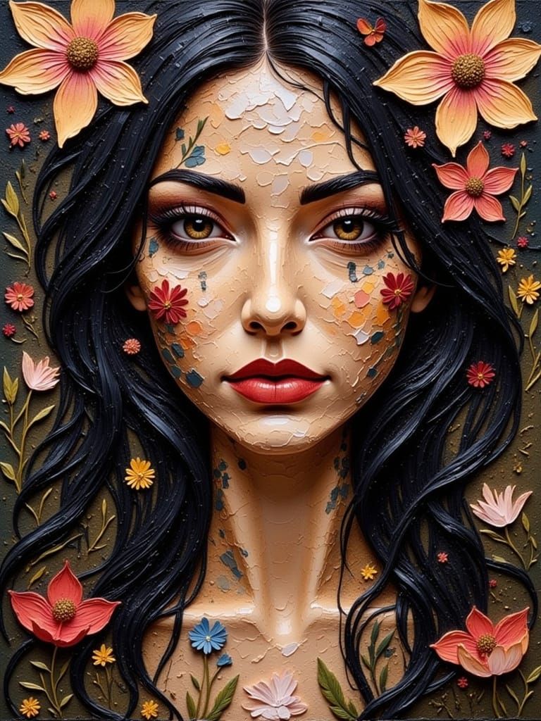 Artistic Portrait of a Beautiful Woman in Vibrant Textured S...