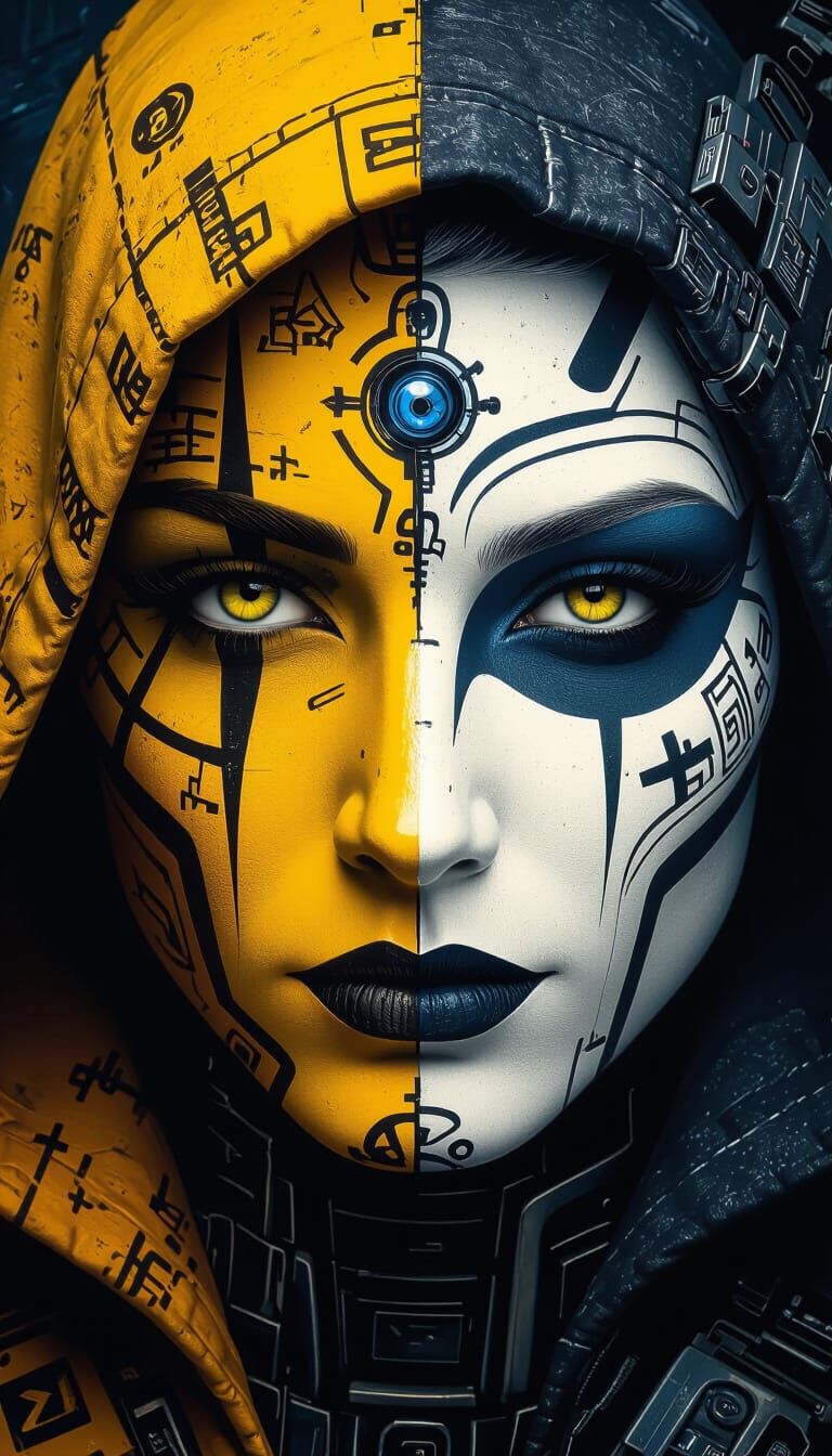 A close-up of a face adorned with intricate black and blue p...