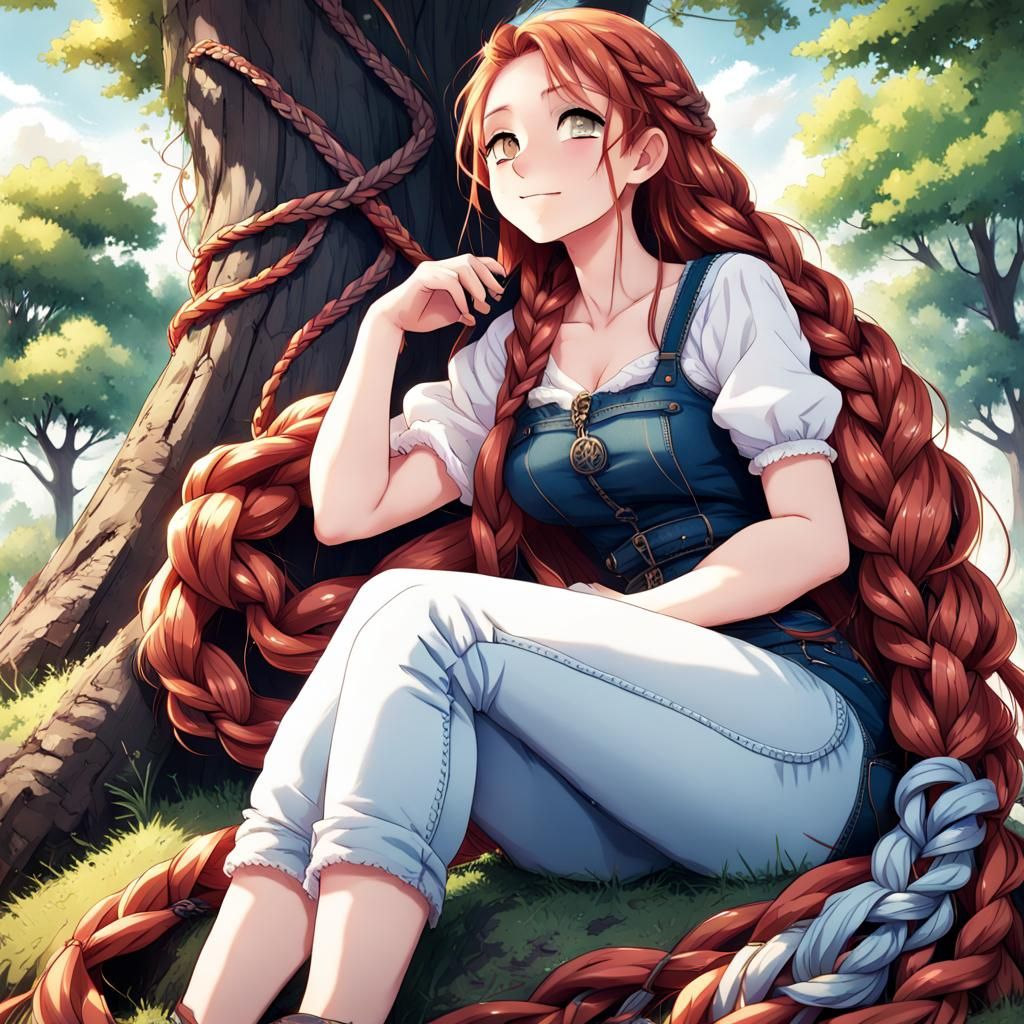 Giantess Rapunzel Braiding Hair in Anime Style