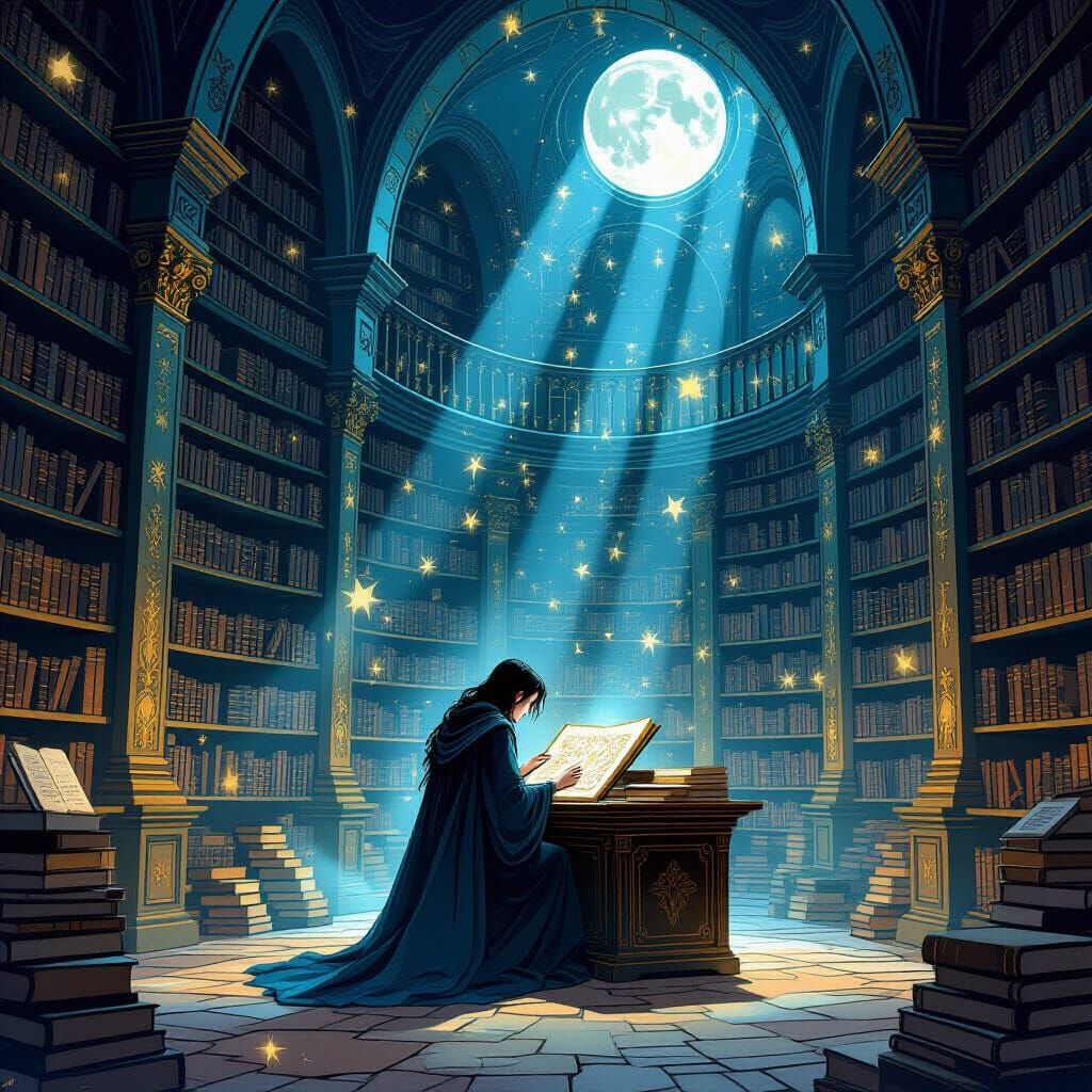 Ancient Library of Glowing Books and Celestial Maps