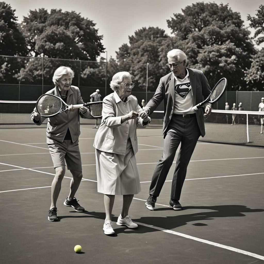 Elderly Woman and Superman Playing Tennis at Sunrise