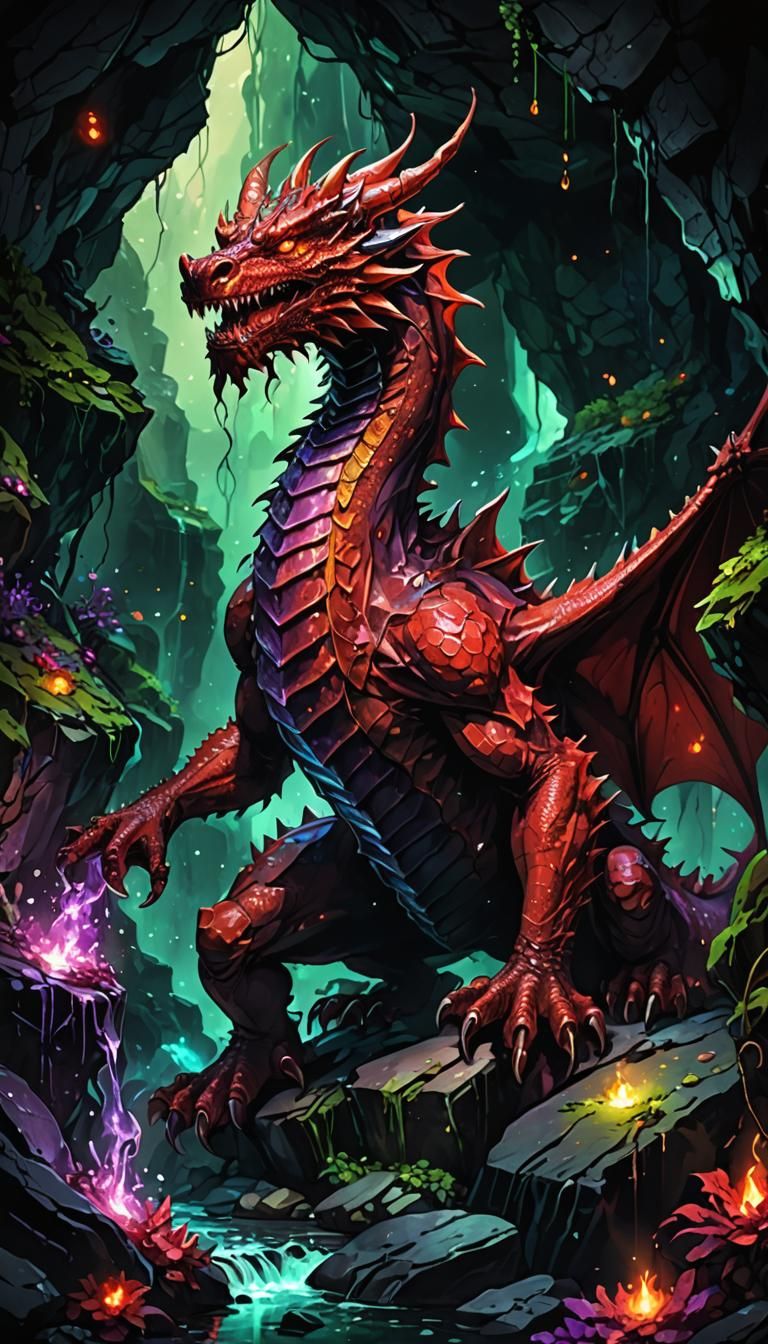 Red Dragon in Dark Cave, Alcohol Ink Style