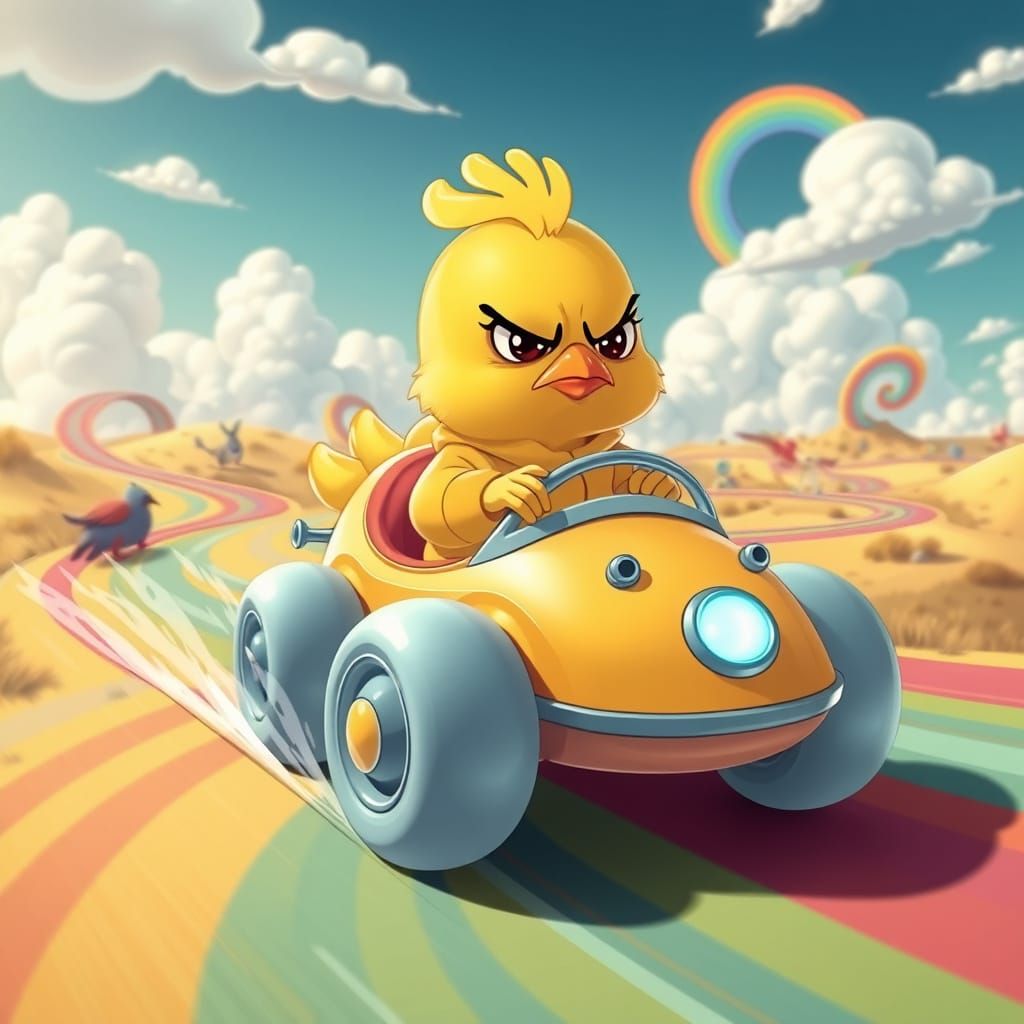Grumpy Chick Drives Quirky Car Through Whimsical Landscape