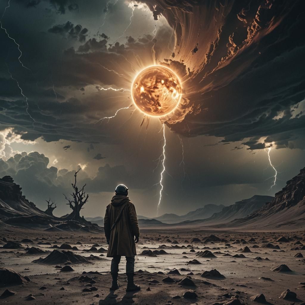 Stormy Alien Sun on Barren Planet: Cinematic Still