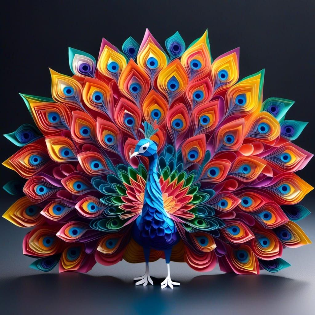 Hyperrealistic Origami Peacock Sculpture in 8K