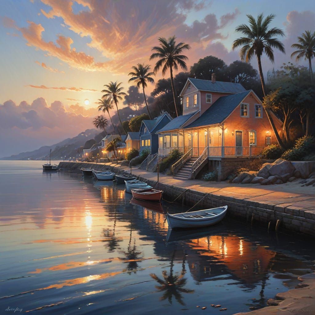 Idyllic Coastal Village at Dusk in Oil Painting Style
