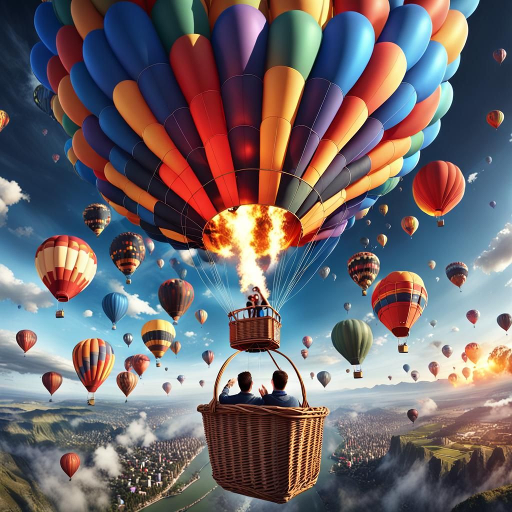 Burning Plane Hot Air Balloon Selfie: Fantasy Concept Art