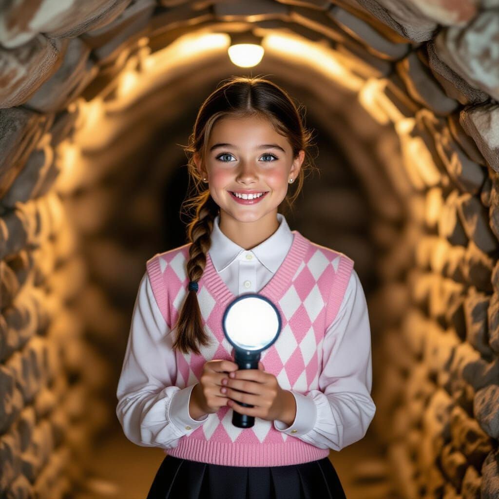 Girl with Flashlight in Cellar: Photorealistic Style
