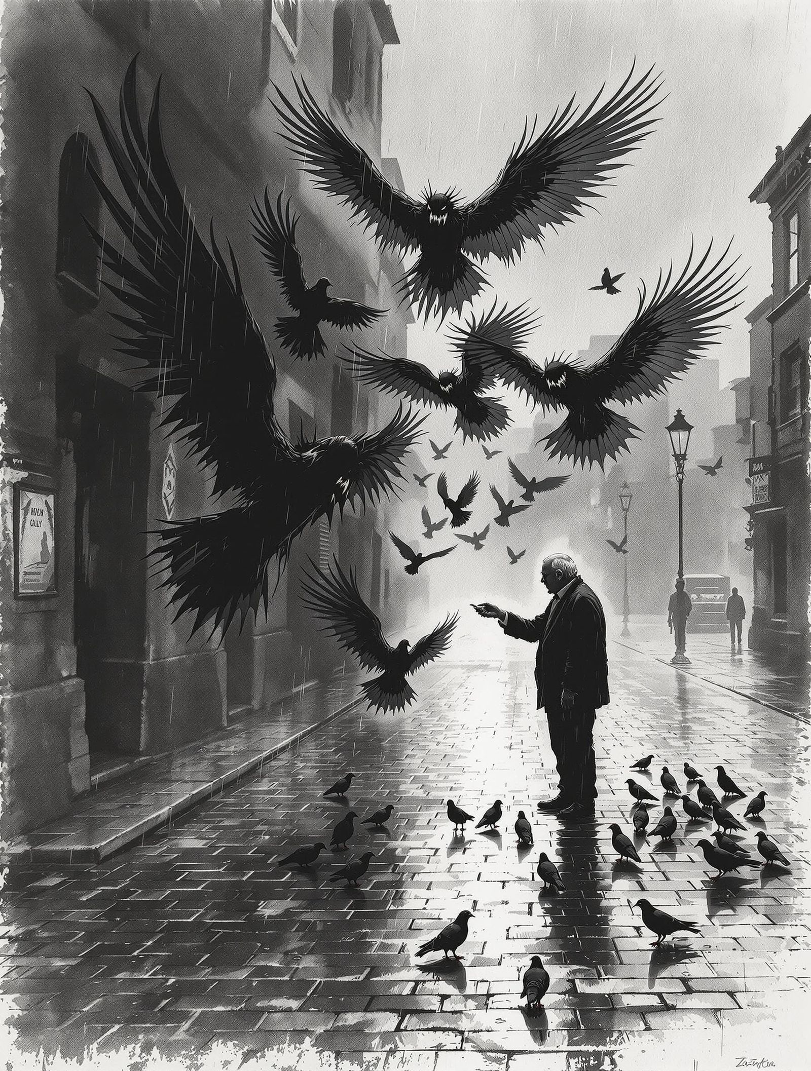 Eerie Graphite Drawing: Man Feeds Pigeons, Shadows Transform