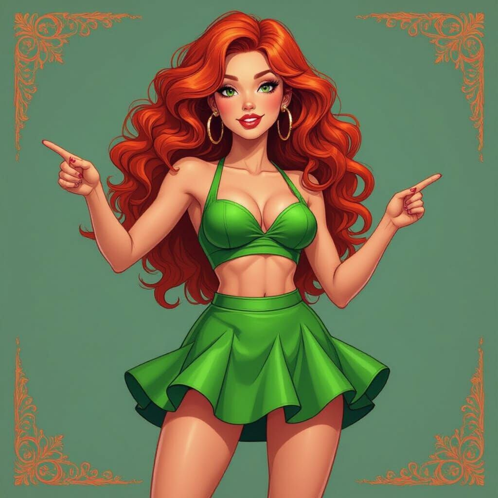 Redhead in Green Skirt: Whimsical Digital Art