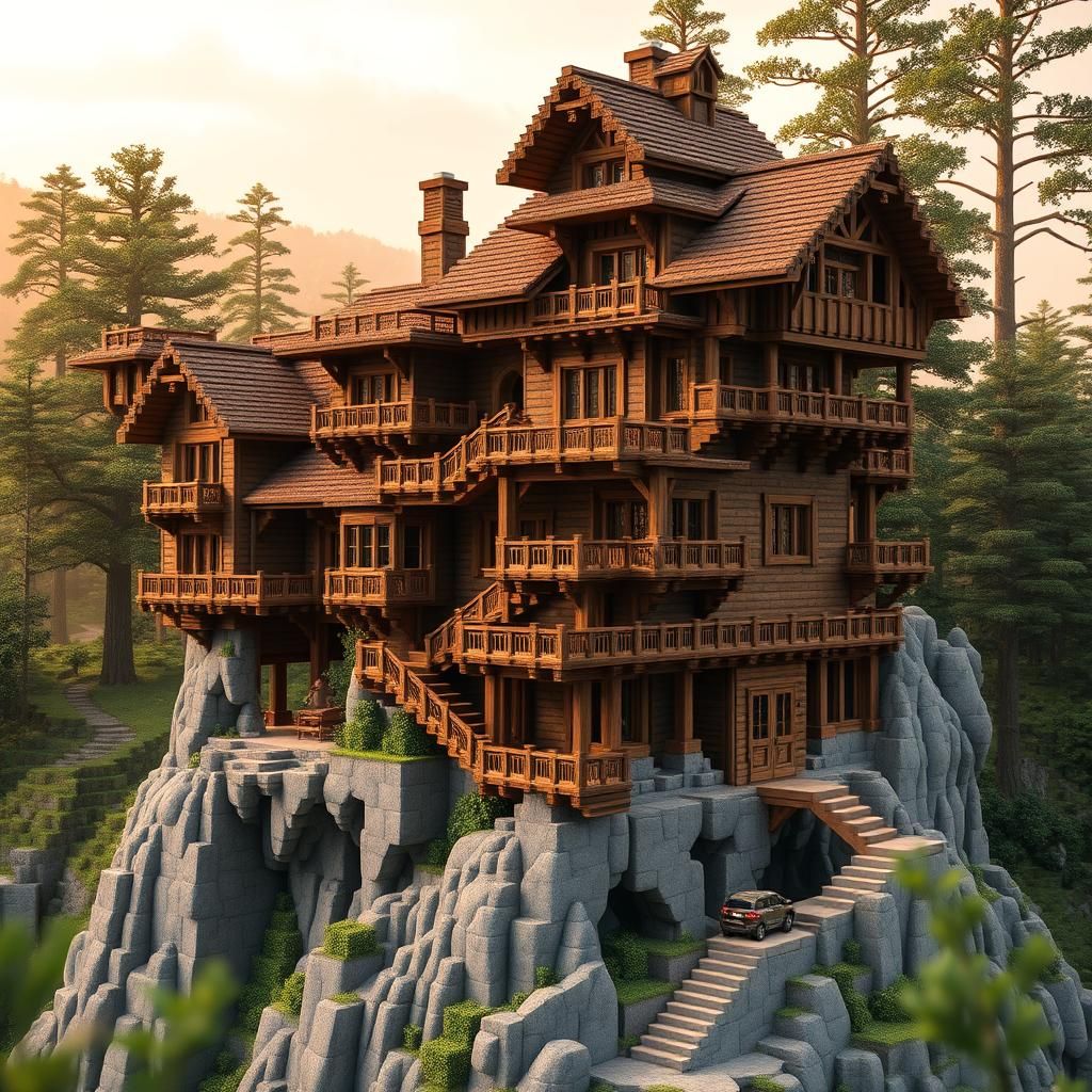 Intricate Multi-Level Minecraft-Style Wooden House