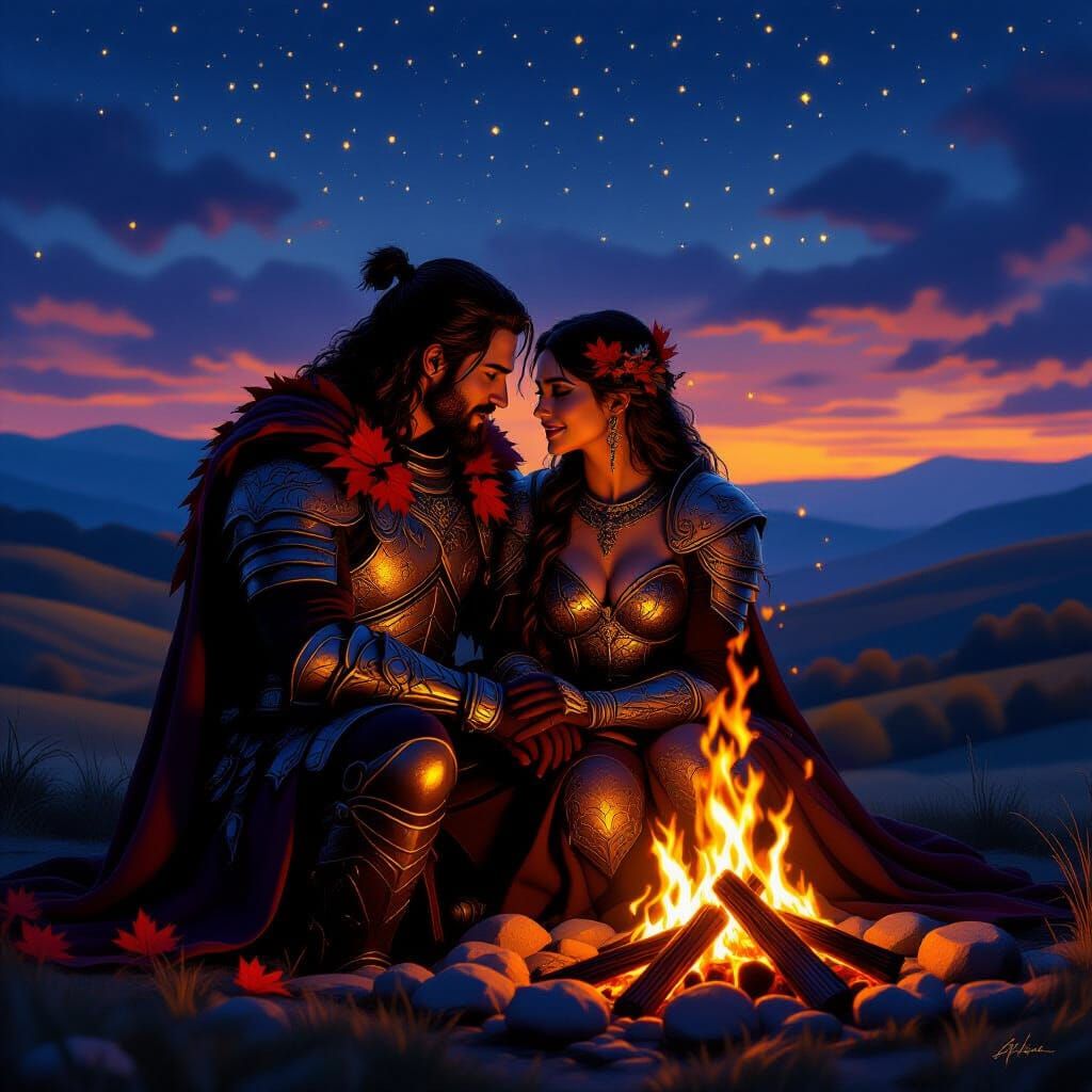 Warrior Couple by Bonfire Under Starry Night Sky