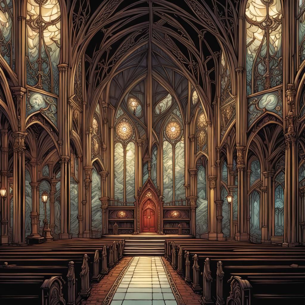 Art Nouveau Gothic Chapel Comic Art