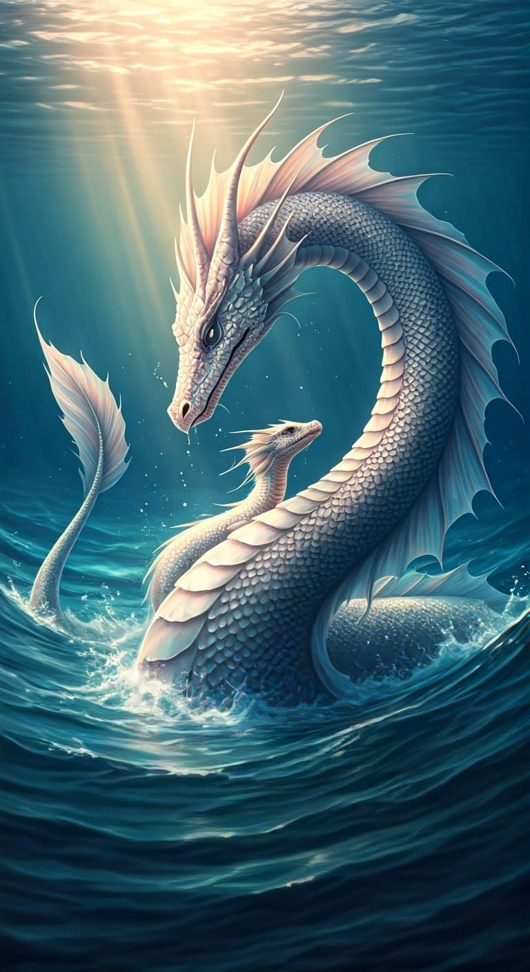 Iridescent Sea Serpent with Baby, Photorealistic Digital Art