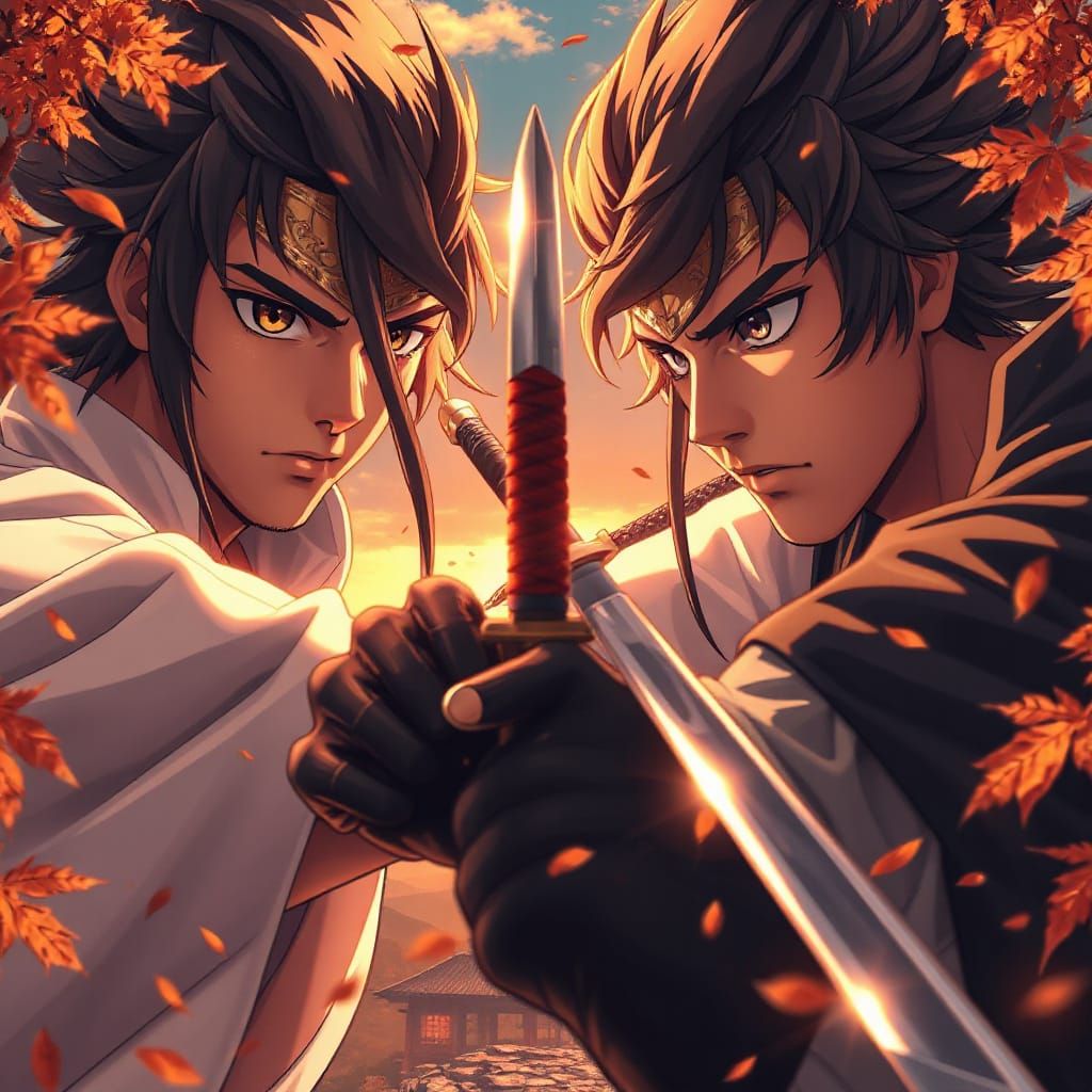 Anime Samurai Fighters in Dramatic Autumn Zen Battle