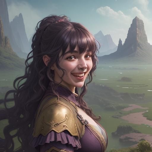 Laughing Woman in Fantasy Landscape, Detailed Matte Painting