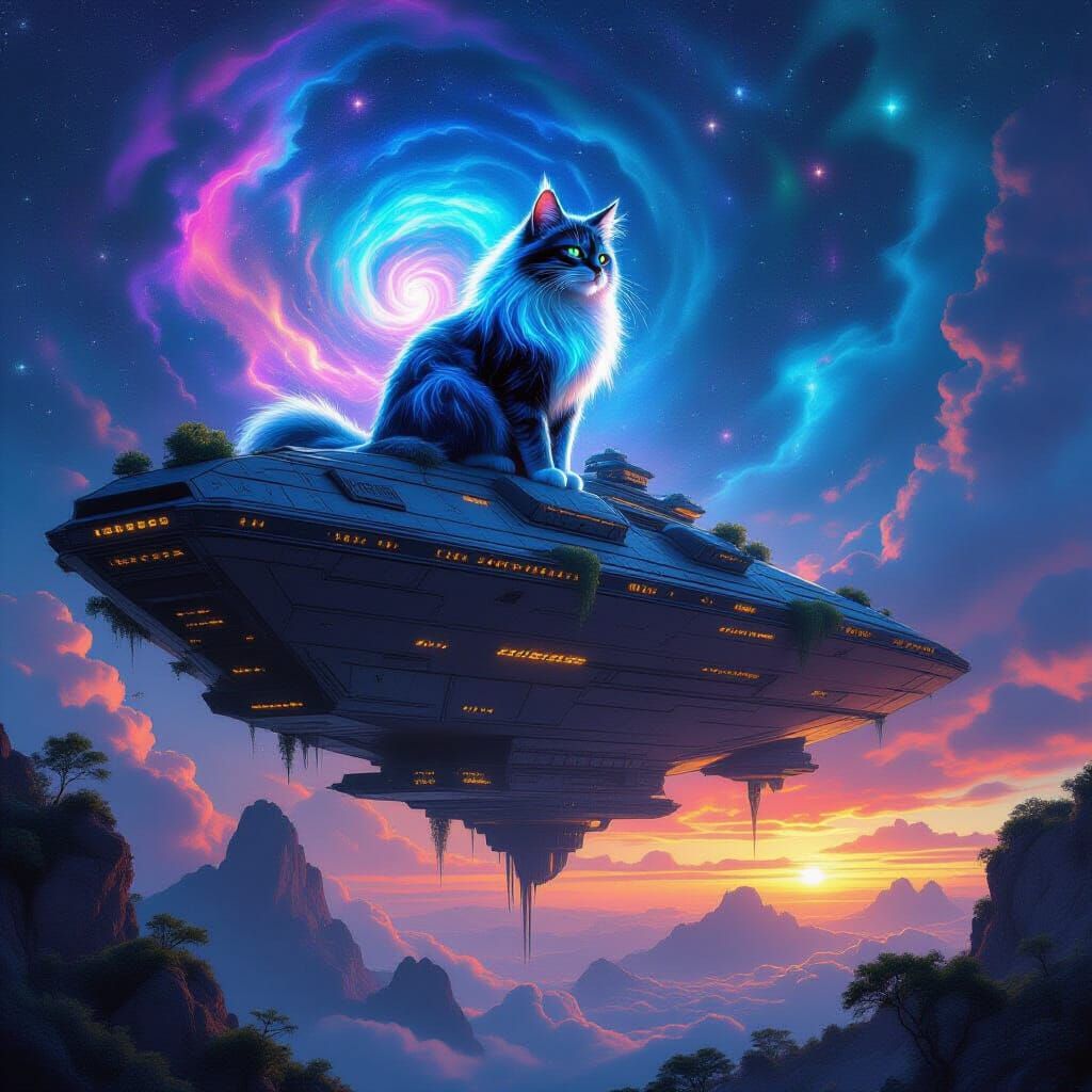 Bioluminescent Nebula Cat on Ancient Spaceship