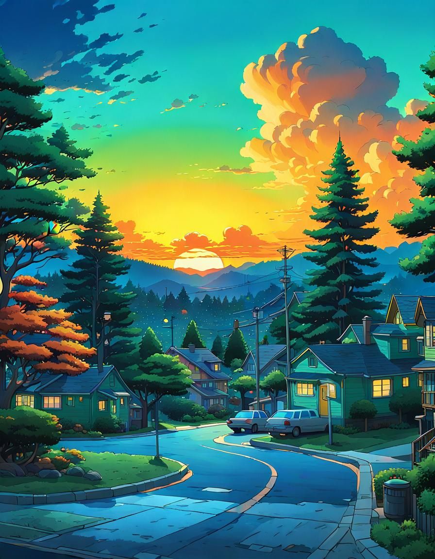 Ghibli-Style Sunset Over Suburban Street